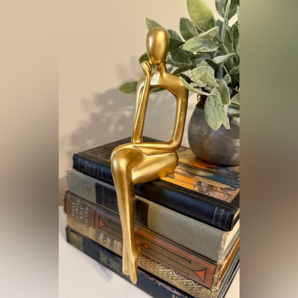 Gold Thinker Bookshelf Sitter Minimalist Figure Gift for Reader - Picture 3 of 6